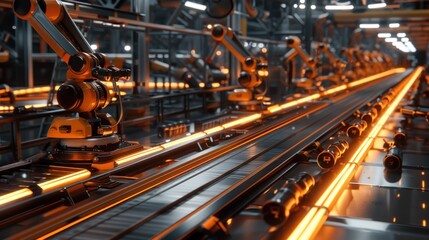 A modern car factory with robot arms on the production line.