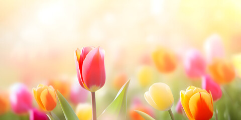 Tulips in yellow, pink and red pastel colors in soft light against a blurred background. Spring background. Holiday greeting card design with copy space.