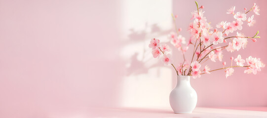 Spring bouquet of blossoming cherry branches in a white vase on a pink background. Spring banner with copy space. Simple minimalist decor