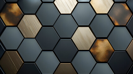 Geometric abstract background with hexagons in black, silver and gold colors. Flat lay.