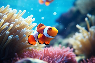 Colorful clownfish swim among the anemones on a vibrant coral reef