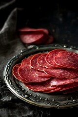 Bologna Slices on Silver Platter in Classic Oil Painting Style Evoking a Dutch Still Life Masterpiece