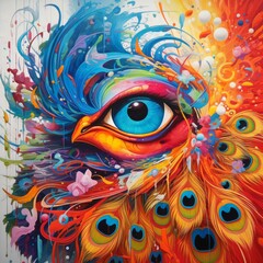 A colourful bird eye and feathers artwork with abstract colors,