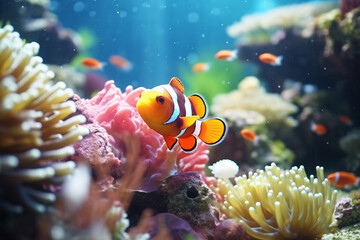 A colorful clownfish peeks out from its anemone home on a vibrant coral reef