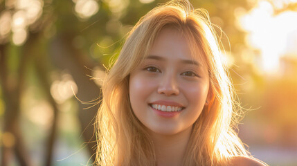blonde woman with light eyes outdoors in smiling and sparkling summer