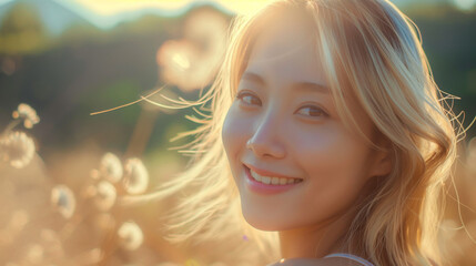 blonde woman with light eyes outdoors in smiling and sparkling summer