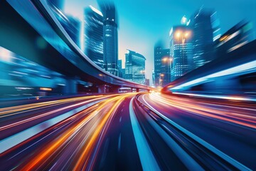 High-speed car driving on highway in modern city at night, light trails motion blur with skyscrapers in the background.