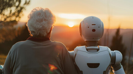 Obraz premium Elderly person and AI companion robot watching sunset together, focus on their shoulders and the back of their heads, showing companionship and support, emotional