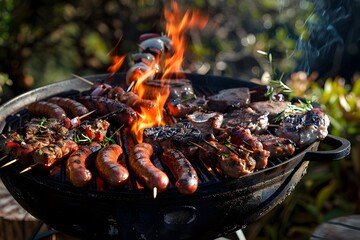 Cast Iron Braai Stand Sizzling with Delicious South African Boerewors Sausages Lamb Chops and...