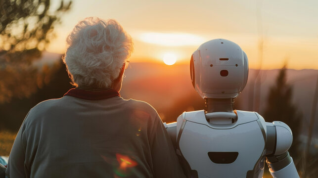 Elderly person and AI companion robot watching sunset together, focus on their shoulders and the back of their heads, showing companionship and support, emotional