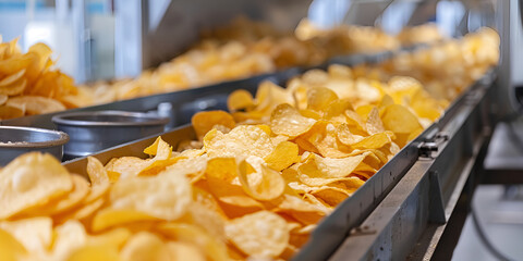 Potato chips on conveyor belt in modern factory closeup