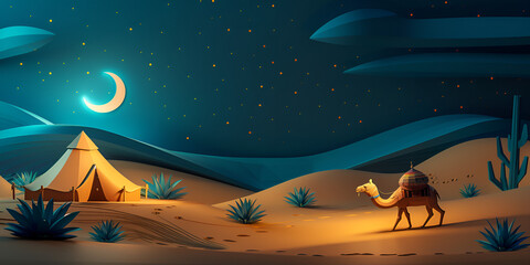 A desert landscape with a tent and camels with moon and stars background