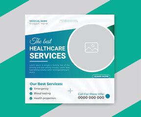 Medical and health care social media post template design. Editable square banner with high-quality background