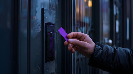 a male hand holding a huge purple sim card in front of a digital door lock