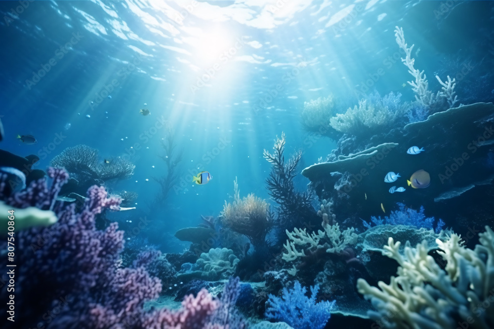 Wall mural colorful underwater scene with tropical fish, coral reef, and a diver exploring the vibrant marine l