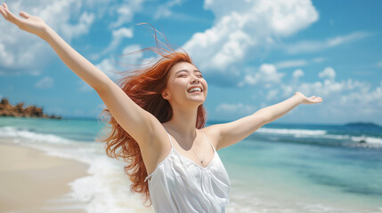 woman with arms outstretched enjoying freedom at the beach