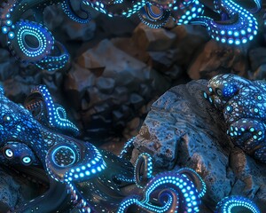 Obraz premium Focus on a robotic octopus camouflaging itself among rocky crevices in a digital underwater masterpiece Detail its electric-blue LEDs mimicking bioluminescent patterns