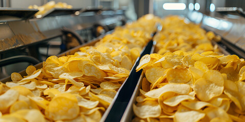 Potato chips on a conveyor belt potato chips production line