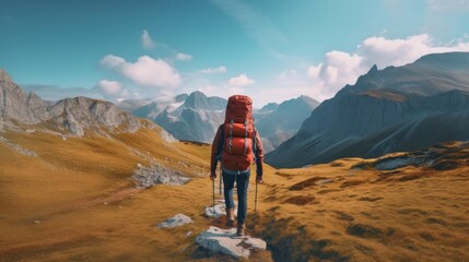 Fototapeta premium a man is enjoying the beautiful view from the top of the mountain. mountain climbing concept