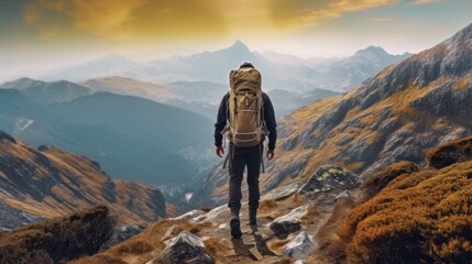 a man is enjoying the beautiful view from the top of the mountain. mountain climbing concept