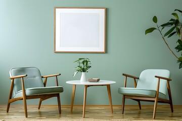 Ellipse table and two chairs near mint sofa against light green wall with art frame poster. Scandinavian, mid-century home interior design of modern living room.