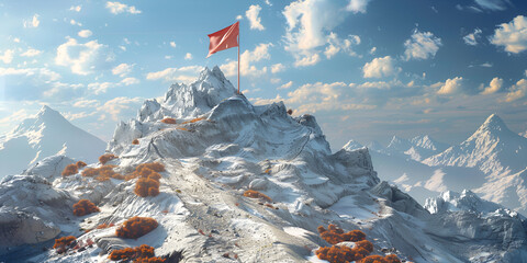 Red flag fluttering a top mountain peak