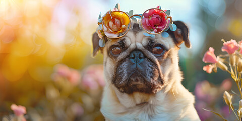 A pug dog with flowers on its head, looking adorable and stylish