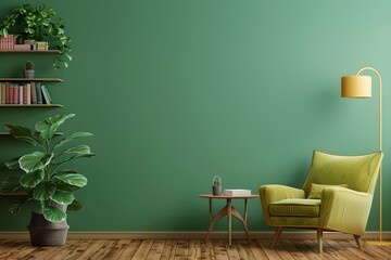 Green sofa and chair against green wall with book shelf. Scandinavian home interior design of modern living room with greenery.