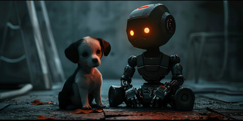 An adorable scene of a robot and a dog sitting together on the floor