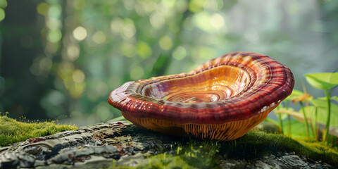 A vibrant red and yellow mushroom perched atop a tree