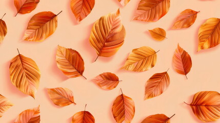 Obraz premium Seamless pattern. Vibrant autumn leaves on a soft peach background, ideal for seasonal designs and warm themes.