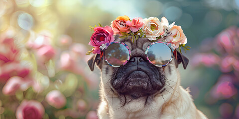 A pug dog with sunglasses and a flower crown