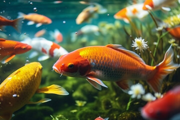 Naklejka premium Goldfish swimming underwater in a fish tank 