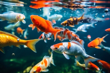 group of goldfish swim in a blue aquarium