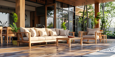 Outdoor wooden patio featuring furniture and greenery, perfect for relaxation.