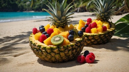fruit salad in large pineapple boat on beach, fruit salad served on pineapple shell.