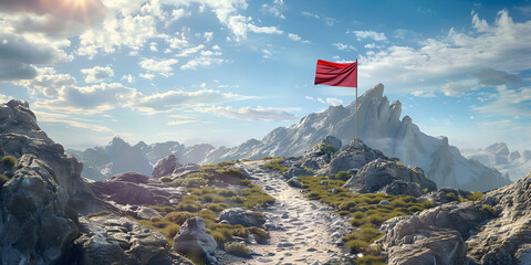 A red flag marks the summit of a mountain path