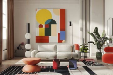 Suprematism style interior design of modern living room with abstract geometric colorful shapes.
