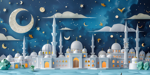 Paper art of a serene night sky with a beautifully crafted mosque and a crescent moon shining brightly