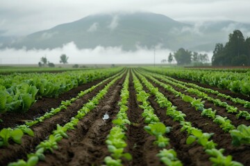 Freshly Planted Vegetable Crops on a Misty Day
