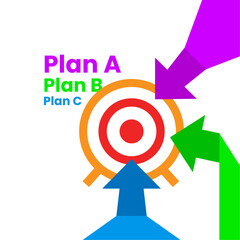 different plans A B C to achieve one goal. several arrows pointed at Bullseye concept illustration flat design. simple modern graphic element for banner, infographic, icon