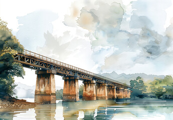 Illustration watercolor painting, railway bridge over the river, Generative AI