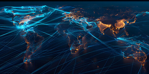 Glowing lines crisscross the world map, highlighting the intricate network of global connections