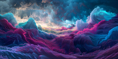 An artistic representation of waves and clouds, filled with a variety of bright colours