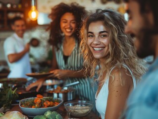 A group of friends laughing and sharing a meal together at a lively dinner party.