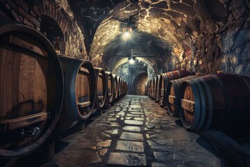 Wine cellar with wooden barrels for aging wine in a stone warehouse.