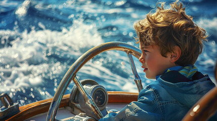 A boy drive boat in ocean. closeup view of boy with boat in ocean.