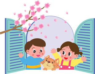 窓辺の桜を見る子供達と猫
