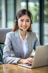 A thai woman in a grey blazer sits at a desk with a laptop and a headset on. She looks into the camera with a smile. Ai generative