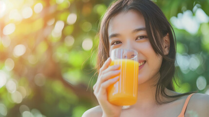 Young Asian woman drinking orange juice